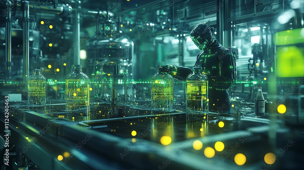 Poster futuristic robot oversees automated bottle filling process