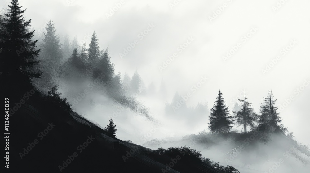 Poster soft fog blankets a simple landscape, leaving a bold line of trees as the only defined element.