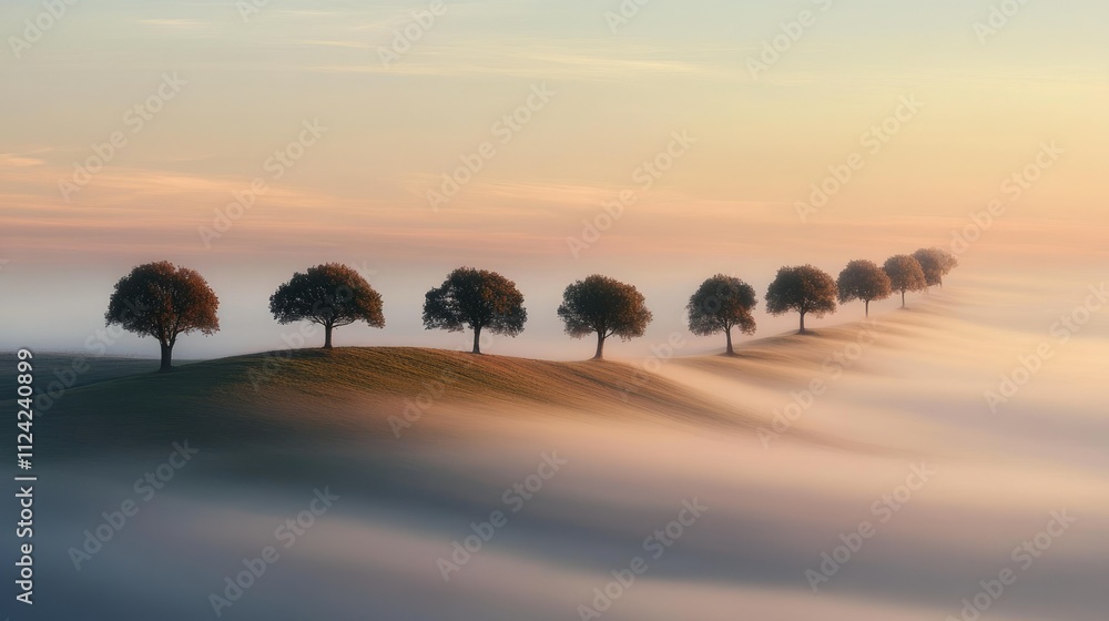 Poster soft fog blankets a simple landscape, leaving a bold line of trees as the only defined element.