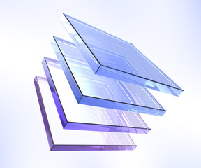 3d abstract glass square shapes in row. Iridescent crystal transparent plates, flying rainbow panels with holographic gradient, dispersion light for ui design, digital tech background. 3D illustration