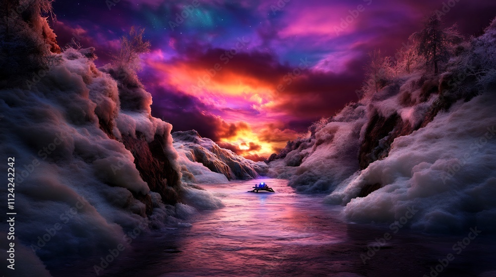 Poster Fantasy winter landscape with vibrant sunset, snowy mountains, and a small glowing boat on a river.