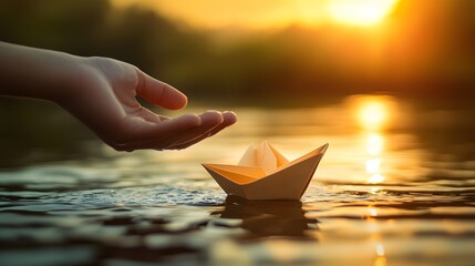 A hand releasing a paper boat into the river symbolizing letting go of the past and embracing the future