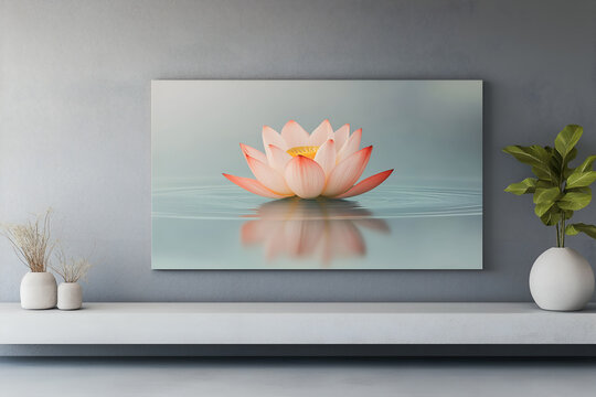 Minimalist abstract lotus flower floating on serene water, pale pink and light blue tones, calming and tranquil design, high definition background, mock up wallpaper