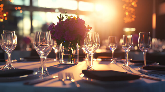 Elegant corporate event venue with sophisticated table settings and ambient lighting, highlighting a professional and upscale atmosphere