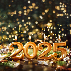 Holiday background Happy New Year 2025. Numbers of year 2025 made by gold burning candles on bokeh...