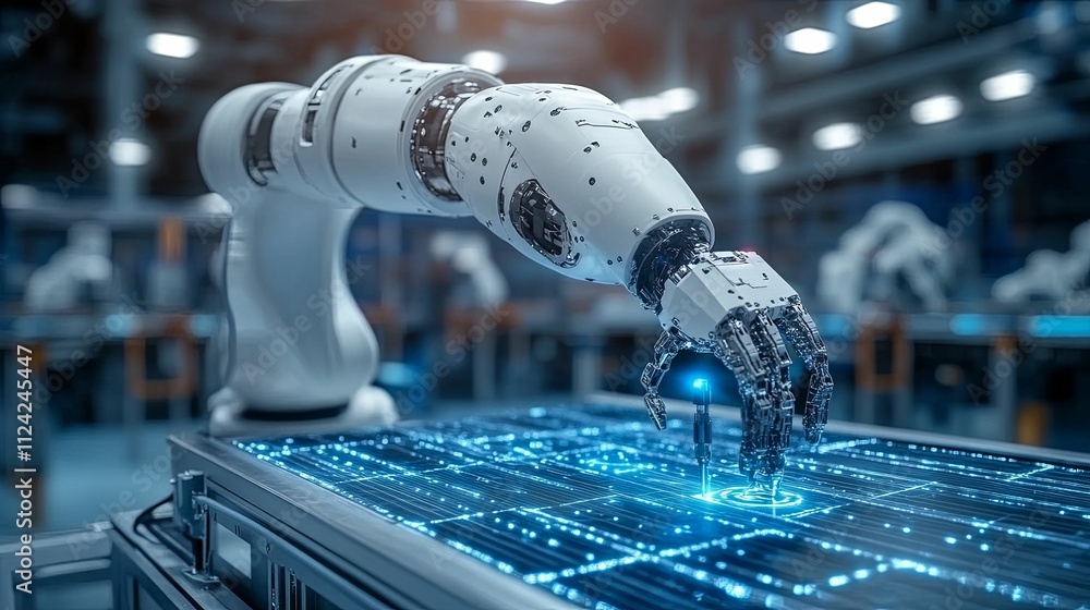 Poster robotic arm interacting with digital interface in factory