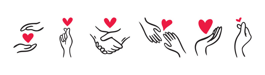 Obraz premium Hands Showing Love and Hearts. Doodle Hand Drawn cute icon Set. Valentine's day