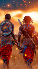 Fototapeta premium Two Maasai warriors hold hands while celebrating traditional love against a stunning sunset backdrop