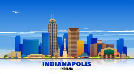 Obraz premium Indianapolis Indiana skyline with panorama at blue sky background. Vector Illustration. Business travel and tourism concept with modern buildings. Image for presentation, banner, web site. 