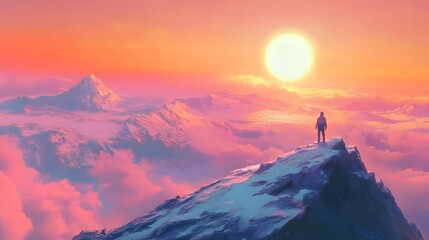 A person standing on a mountain peak looking at a vast open landscape as the sun rises representing new beginnings
