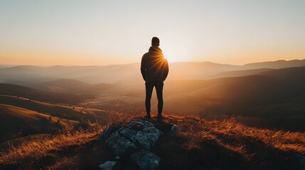 Obraz premium A person standing on a mountain peak looking at a vast open landscape as the sun rises representing new beginnings