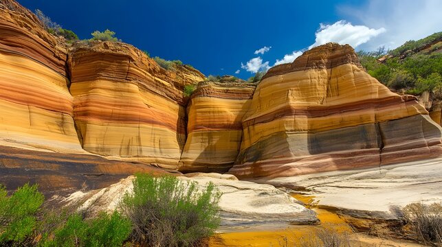 A vibrant landscape showcasing layered rock formations in various colors under a blue sky, with greenery at the base