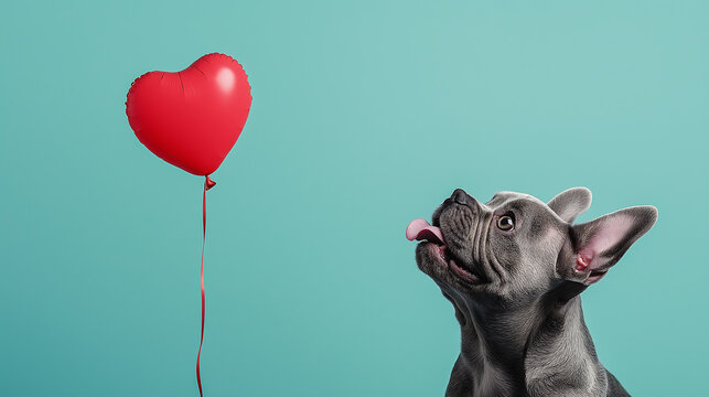 Bulldog gazes fondly at a heart-shaped balloon against a vibrant turquoise background during a playful moment