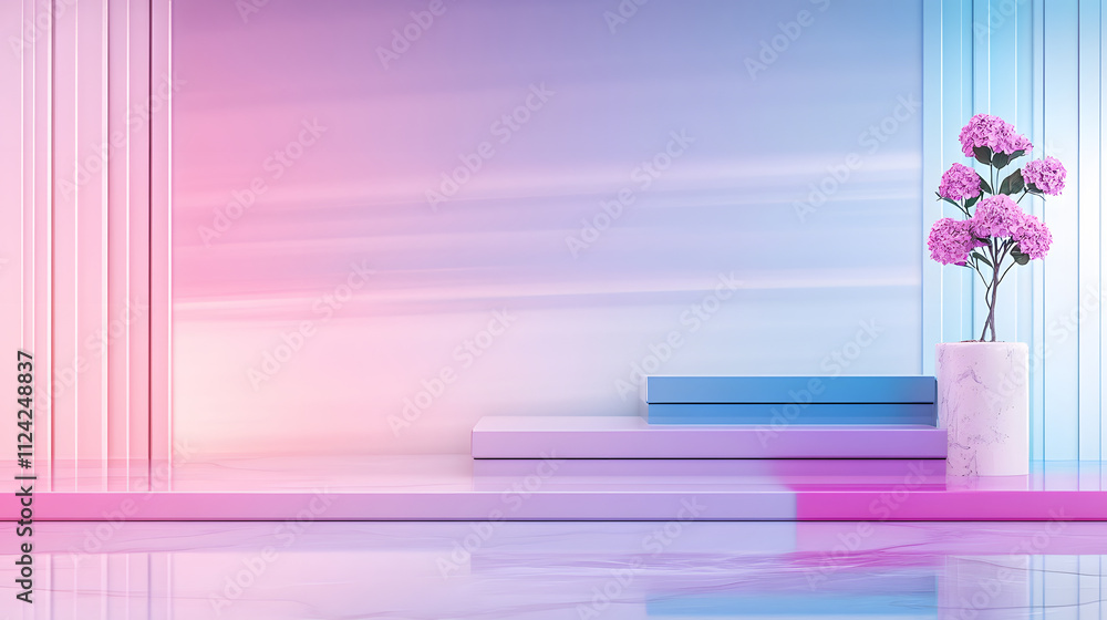 Poster a modern, pastel-colored backdrop features layered platforms and a vase of pink flowers, creating a 