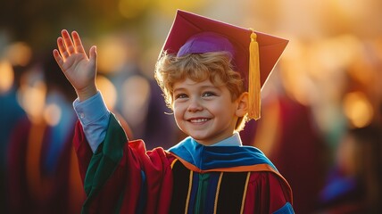 Children wave their hands excitedly in their graduation gowns.