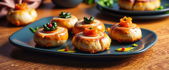 Fototapeta premium A plate of food with a variety of different shaped pastries on it. The plate is on a wooden table