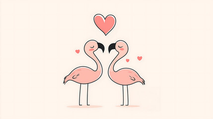 Cartoon flamingo couple sharing affection under hearts in a cute love-themed design