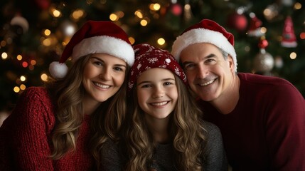 Family smiling Christmas tree background
