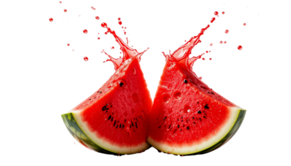 Fresh slices of watermelon with watermelon juice splash isolated on white background. Suitable for marketing or business purposes. PNG file
