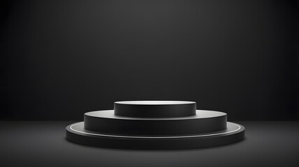 Black cylindrical platform sits on black background. 3D podium