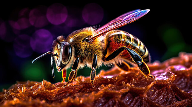 Close-Up View of a Honeybee on a Colorful Natural Background