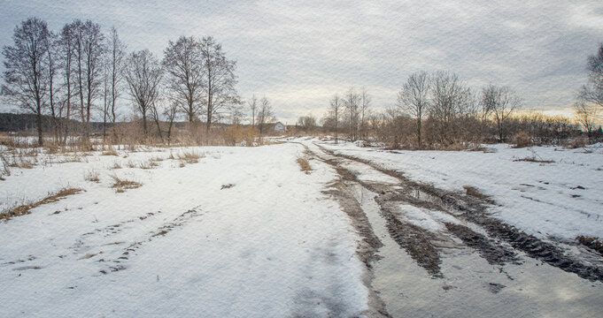 Snowy field with a dirt road in the middle