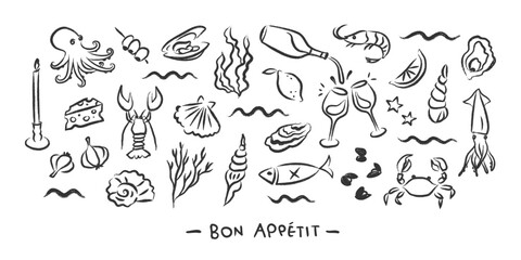 Seafood Doodle Set - Hand-Drawn Dining Illustration Featuring Seafood, Wine, and Coastal Elements in Line Art Style for Restaurants, Italian Cuisine, and Fish markets