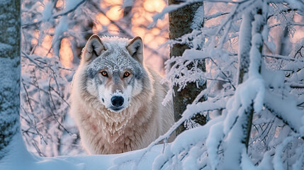 Obraz premium Majestic Wolf Amidst Snowy Forest at Dusk in Soft Light Conditions