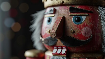 Wooden nutcracker in a dark room, close-up
