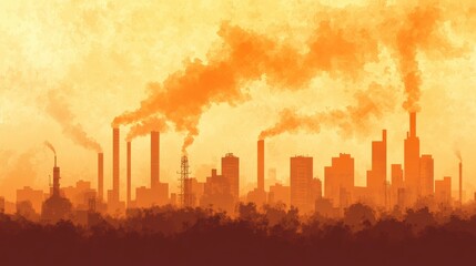 Obraz premium Industrial Skyline at Sunset with Thick Smoke Stacks Emitting Orange Pollution under a Brooding Sky Representing Environmental Concerns and Urbanization Effects