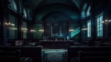 Dark and Dramatic Interior of an Abandoned Courtroom with Shadows