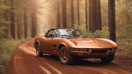 A copper sports car drives on a dirt road through the woods. It appears to be one of multiple uploads on this page.

