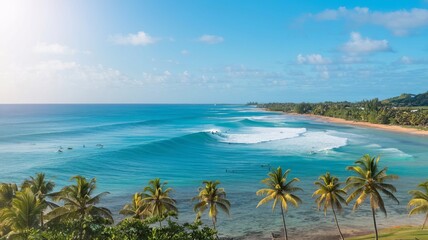 Fototapeta premium A distant shot shows surfers playing in large waves that are washing ashore.