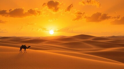 Camels walk on vast sand dunes in the desert during sunset.