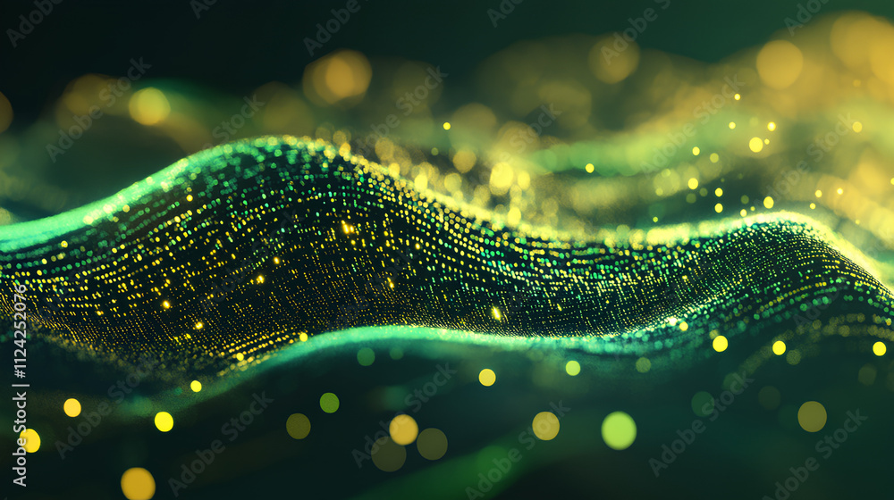 Poster flowing stream of binary code in green and yellow hues, representing data transfer and technology