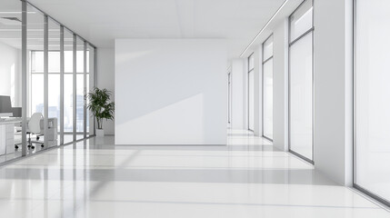 Modern bright white two floors coworking office interior with furniture and empty mock up place on wall Workspace home office desk supplies on office workplace, Generative AI