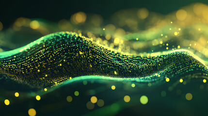 Flowing stream of binary code in green and yellow hues, representing data transfer and technology