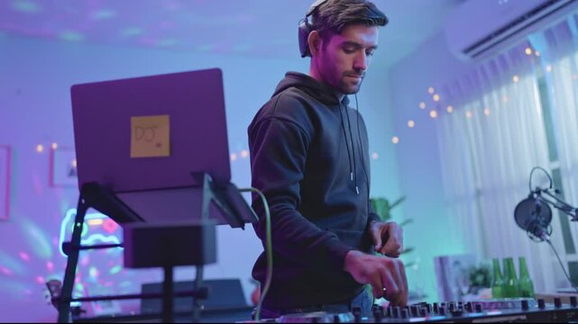 Caucasian young man artist DJ mixing and scratching music mixer controller. 