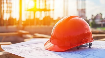 Bright Orange Safety Helmet on Construction Blueprint Under Setting Sun at Building Site, Symbolizing Protection and Commitment to Safety in Construction Industry