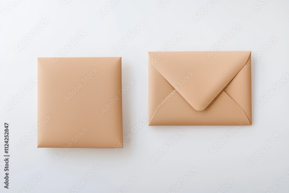 Poster display of two tan envelopes with address and seal sides visible, flat on a white surface.