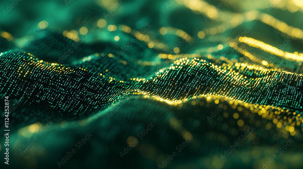 Poster flowing stream of binary code in green and yellow hues, representing data transfer and technology