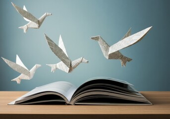Origami birds flying above open book on wooden table