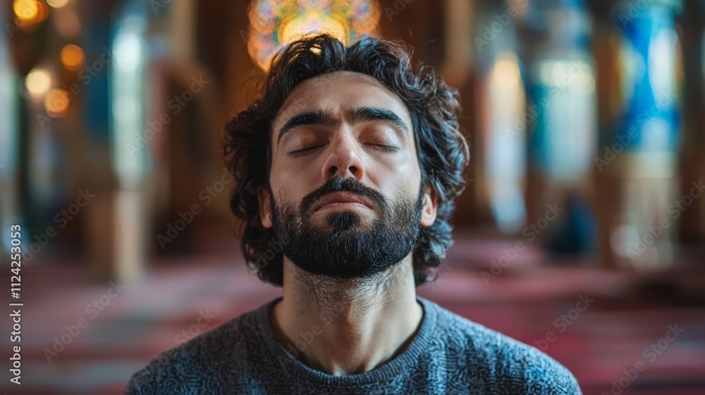 Poster in a tranquil mosque filled with soft light, a devoted muslim man prays fervently. his serene expres