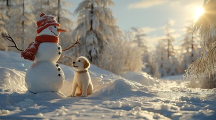 Obraz premium snowman and puppy on snow background. 3D