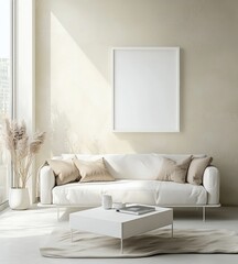 Elegant living room with a white poster frame and minimalist decor in soft mist tones.