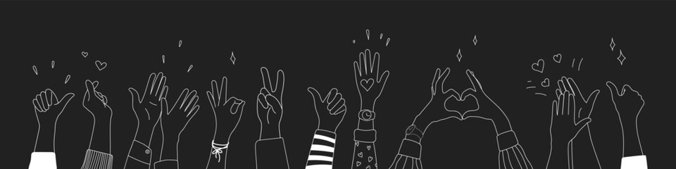 Fototapeta premium Doodle sketch hands up gestures comic icons silhouettes vector set. Group of line art fun comic hands in the air. Voting or happy congratulation audience recognition symbols.