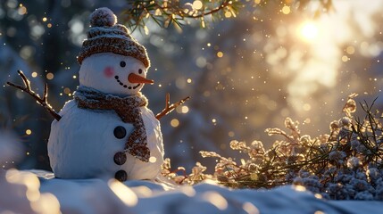 Snowman with Christmas greetings on bokeh lights background.