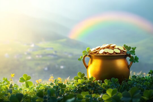 Golden Pot Of Coins In A Shamrock Field