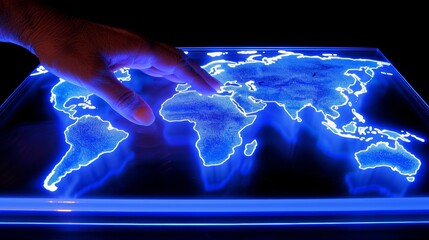 A hand touching a radiant digital globe, illuminating global connections and exploration