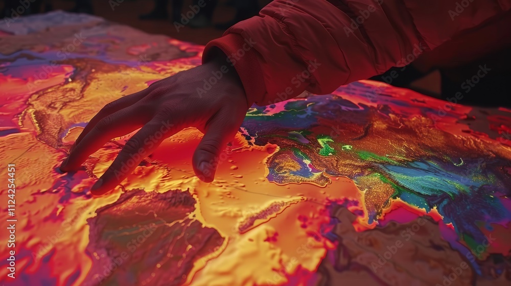 Poster a hand extending to engage with a bright, interactive digital map showcasing the world.